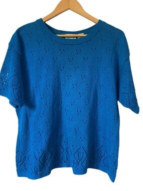 Vtg Separate Scene Short Sleeve Pointelle Knit Sweater M Bright Blue Knit